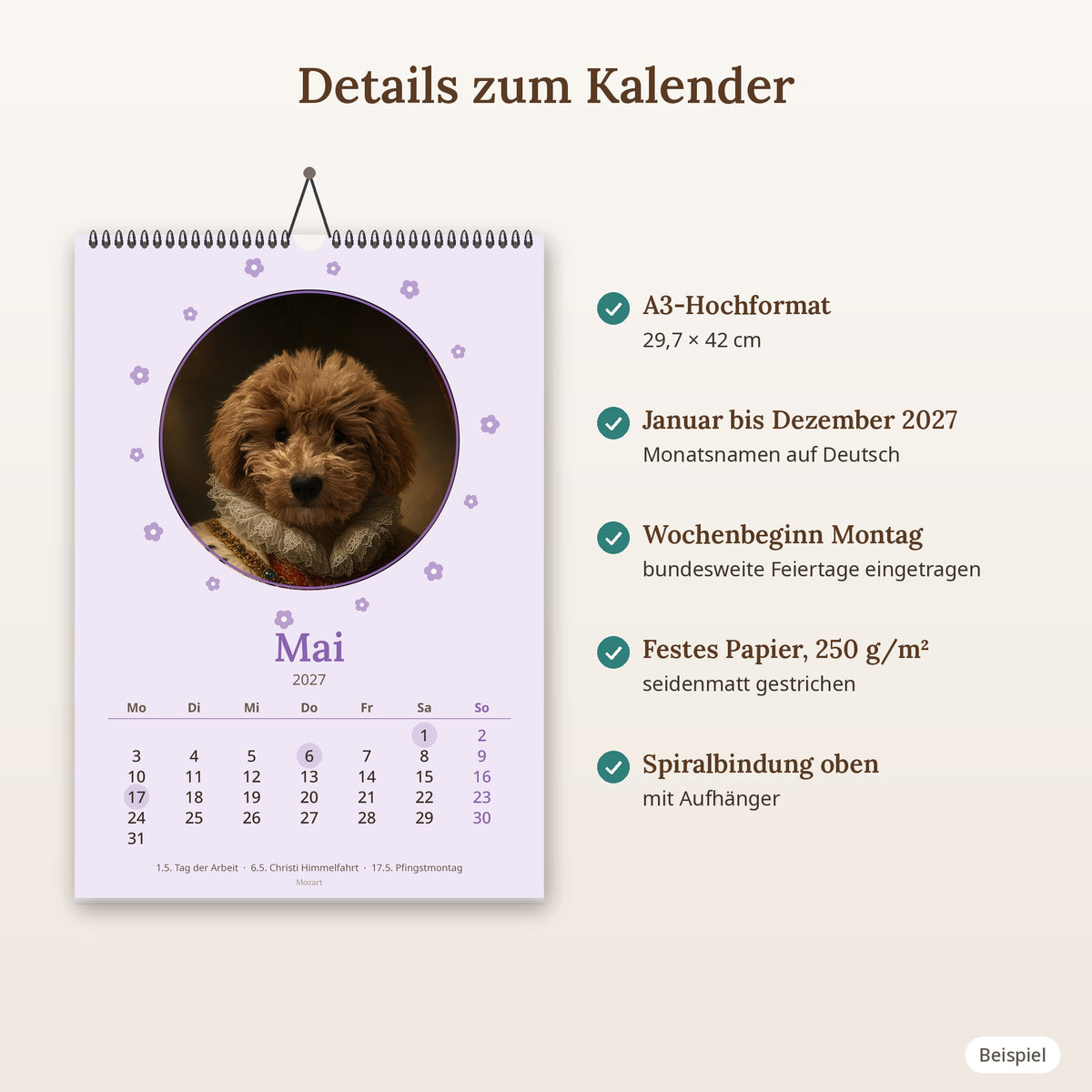 Personalisierter Kalender 2027 mit Haustierporträt – A3